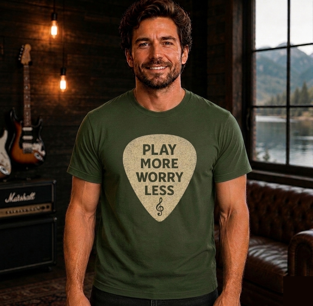 Play More Worry Less Guitar Pick T-Shirt | Guitar Player T-Shirt