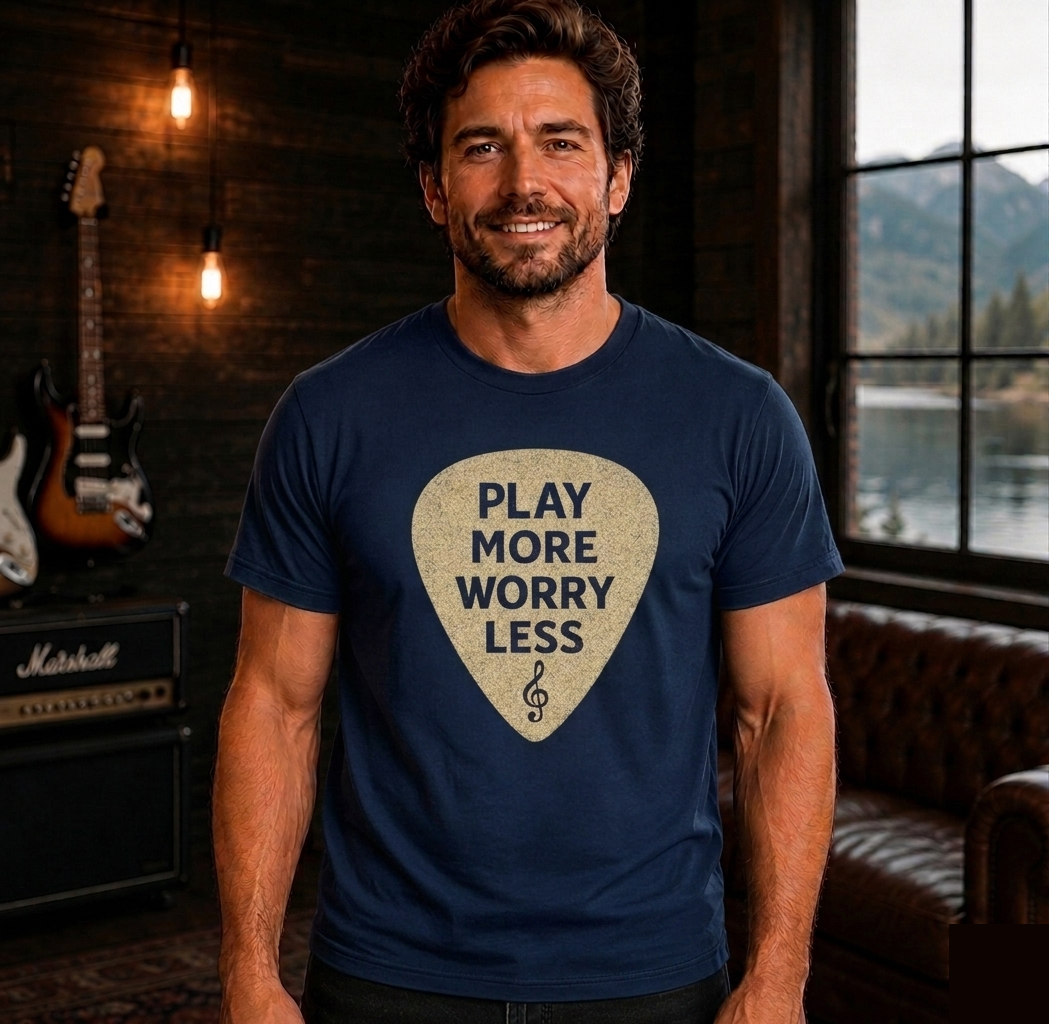 Play More Worry Less Guitar Pick T-Shirt | Guitar Player T-Shirt