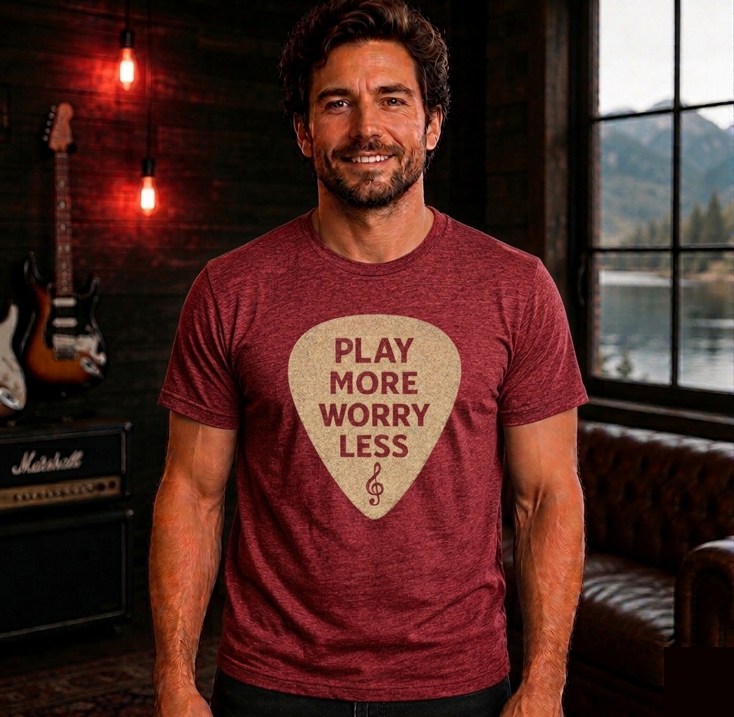 Play More Worry Less Guitar Pick T-Shirt | Guitar Player T-Shirt