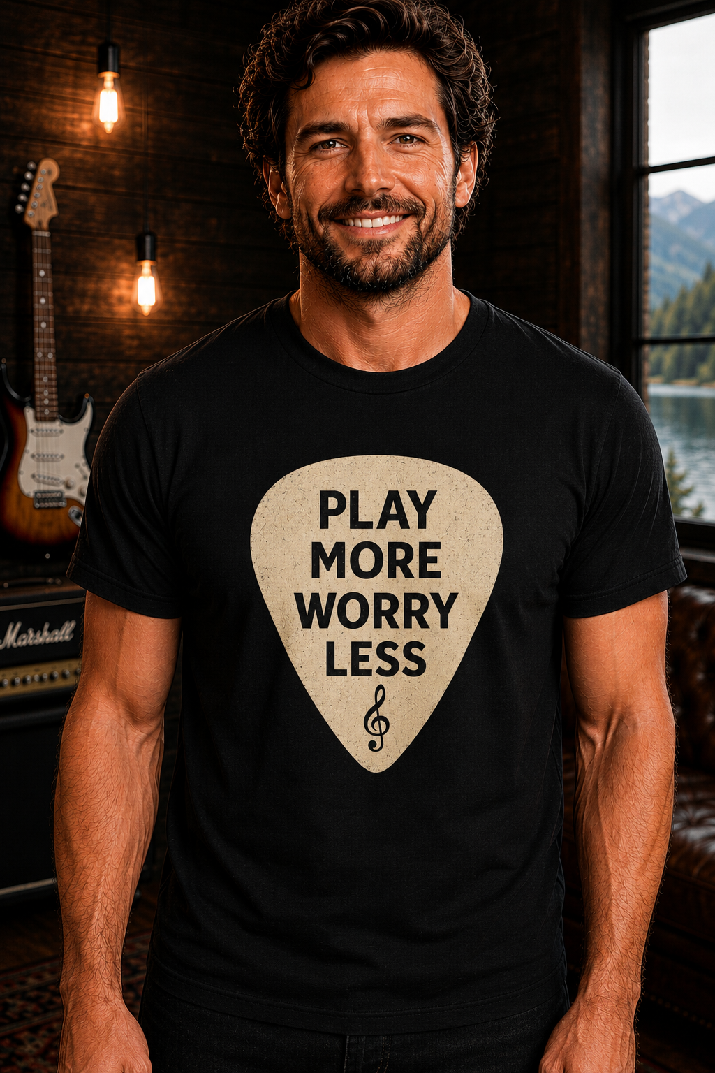Play More Worry Less Guitar Pick T-Shirt | Guitar Player T-Shirt
