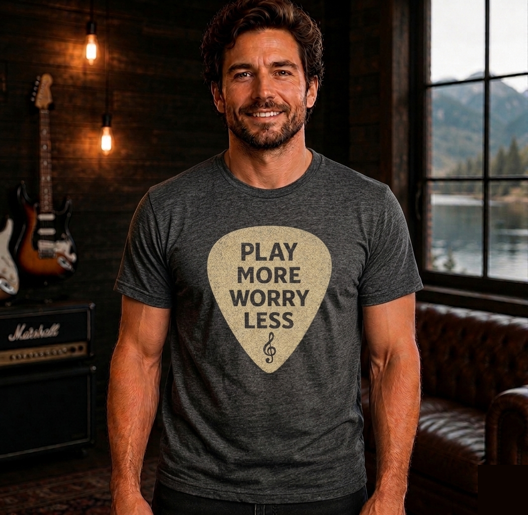 Play More Worry Less Guitar Pick T-Shirt | Guitar Player T-Shirt