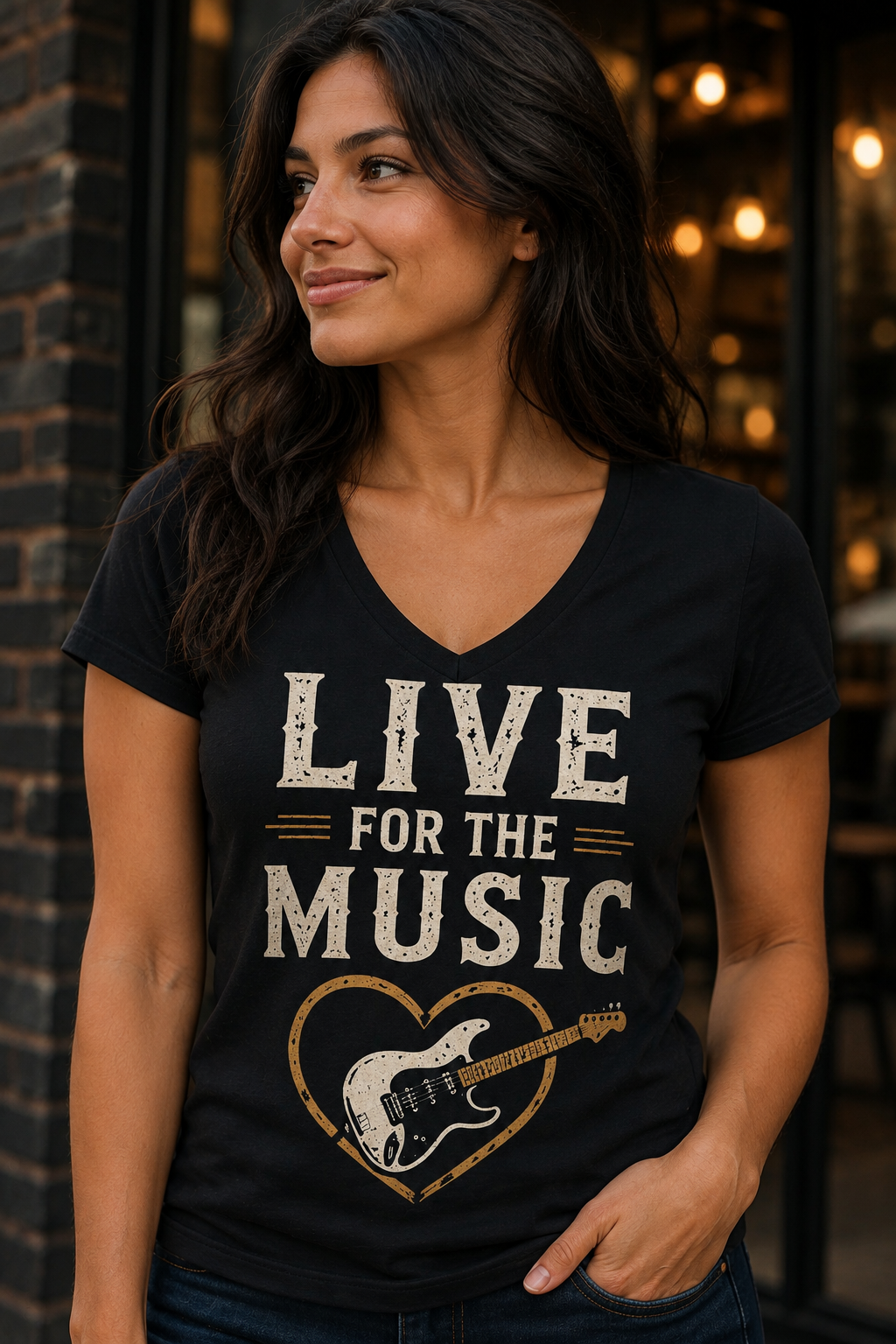 Live for the Music Guitar Heart V-neck Shirt