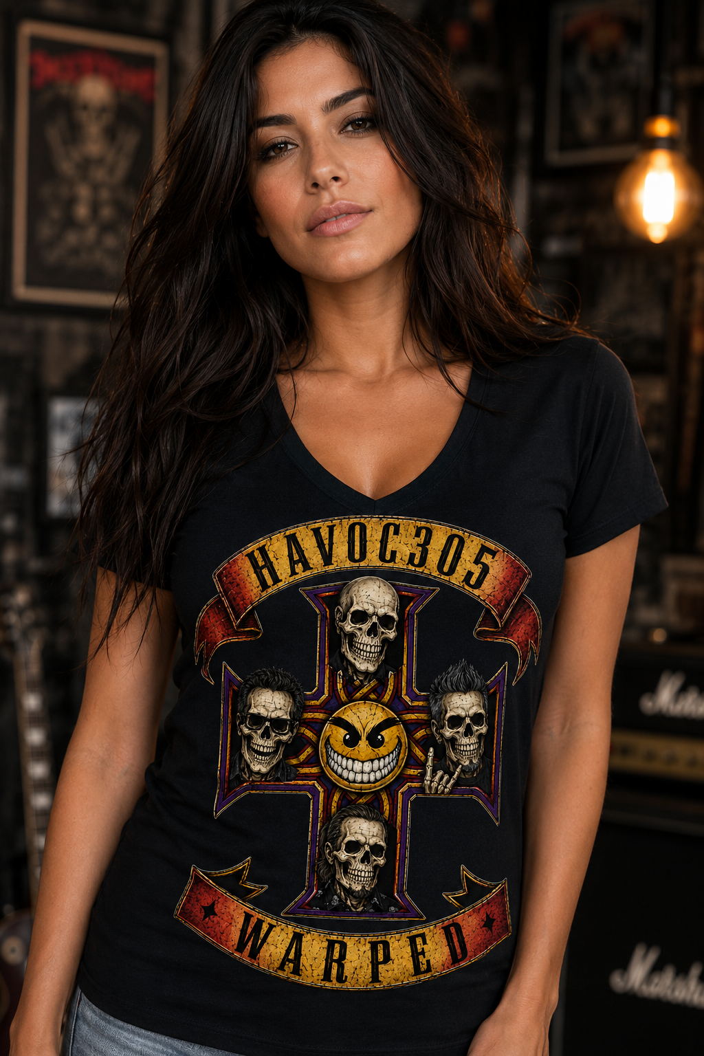 HAVOC 305 Warped Skull Cross V- Neck T-Shirt