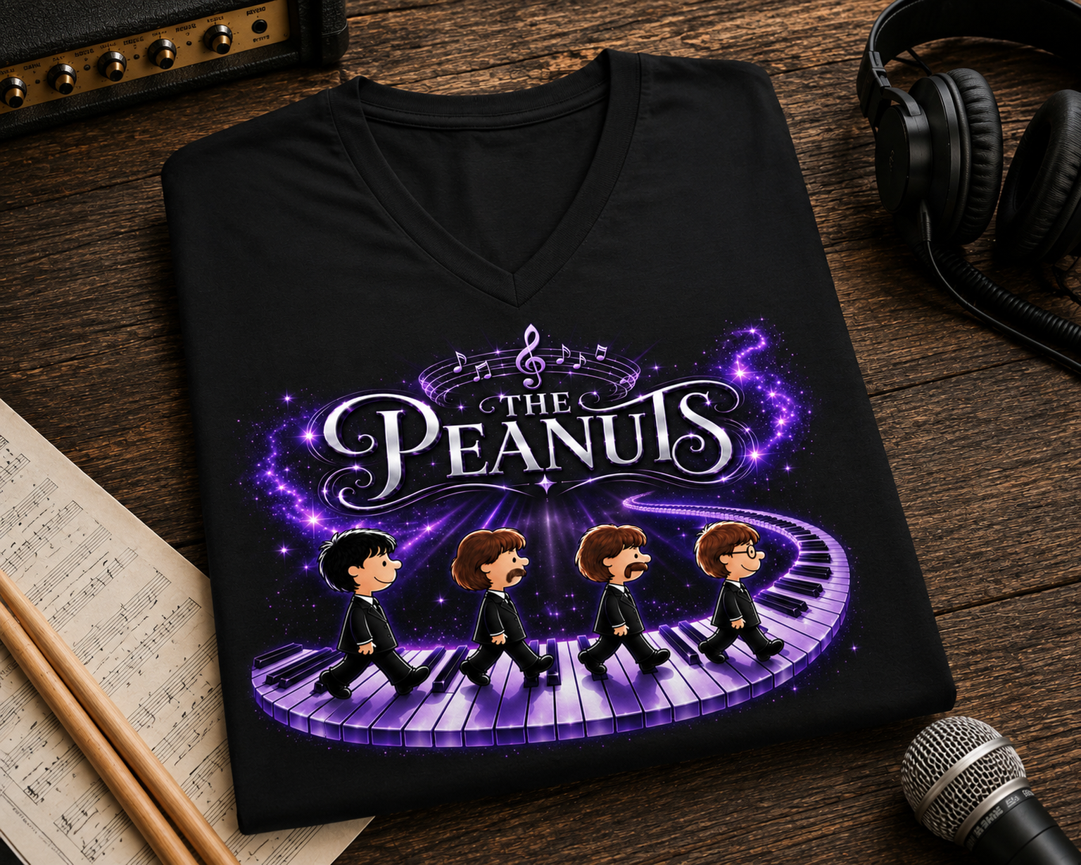 The Peanuts Cosmic Piano Walk Music V-Neck Shirt | Classic Rock