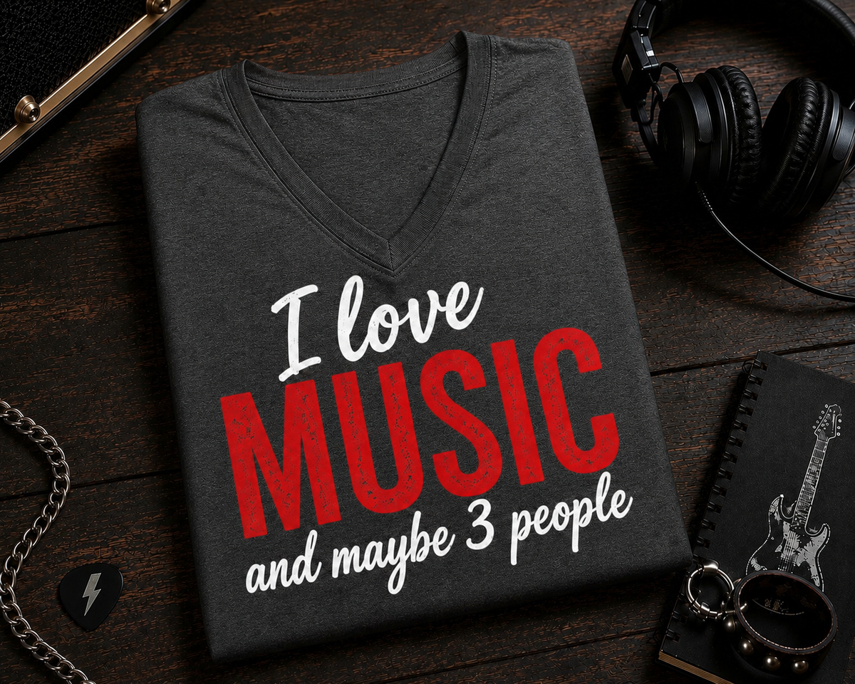 I Love Music and Maybe 3 People (Red) V-Neck T-Shirt