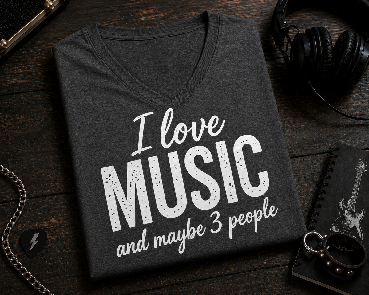 I Love Music and Maybe 3 People (White) V-Neck T-Shirt