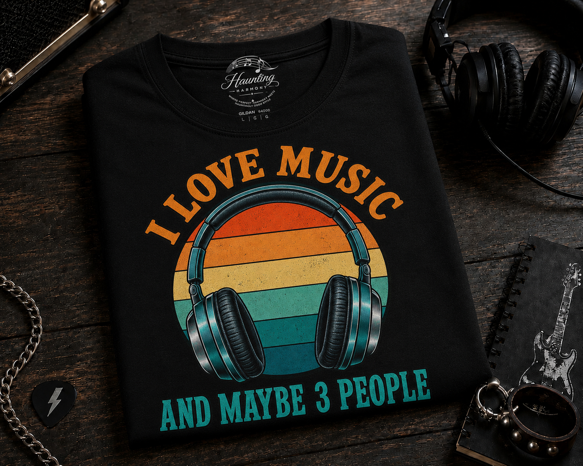 I Love Music and Maybe 3 People Retro Headphones (Colored) T-Shirt