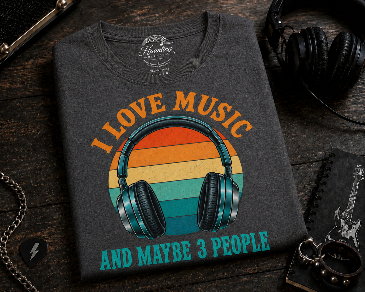 I Love Music and Maybe 3 People Retro Headphones (Colored) T-Shirt
