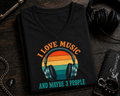 I Love Music and Maybe 3 People Retro Headphones (Colored) V-Neck T-Shirt