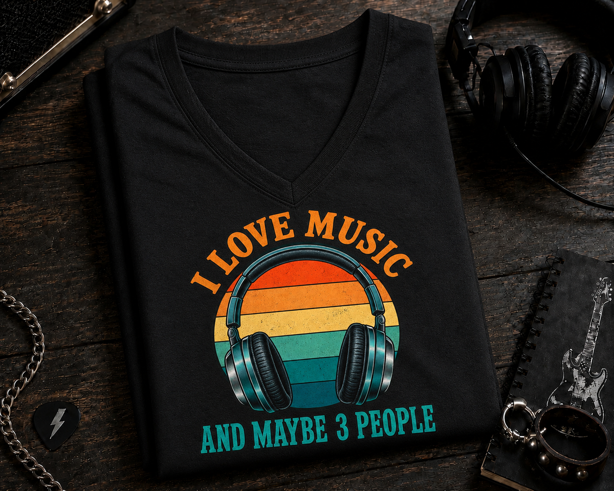 I Love Music and Maybe 3 People Retro Headphones (Colored) V-Neck T-Shirt