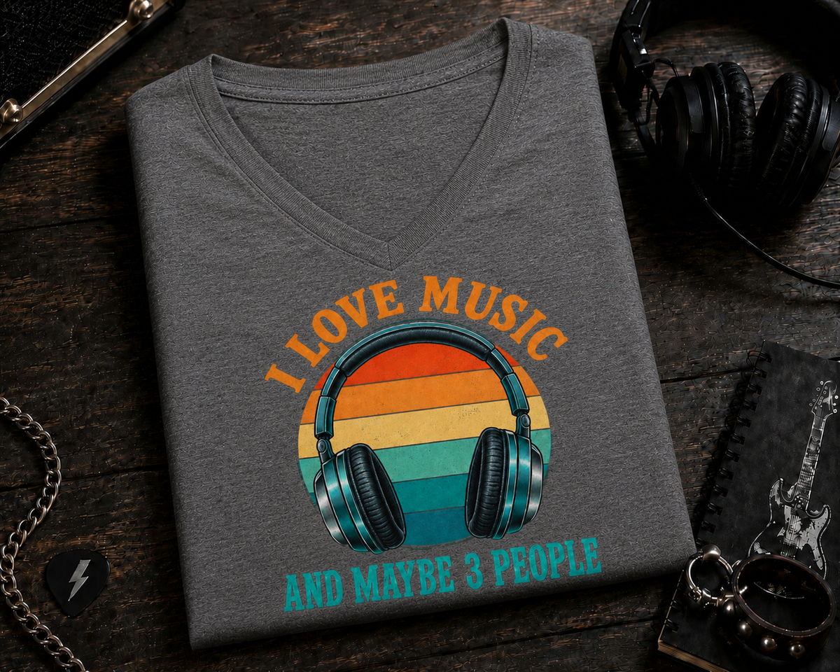 I Love Music and Maybe 3 People Retro Headphones (Colored) V-Neck T-Shirt