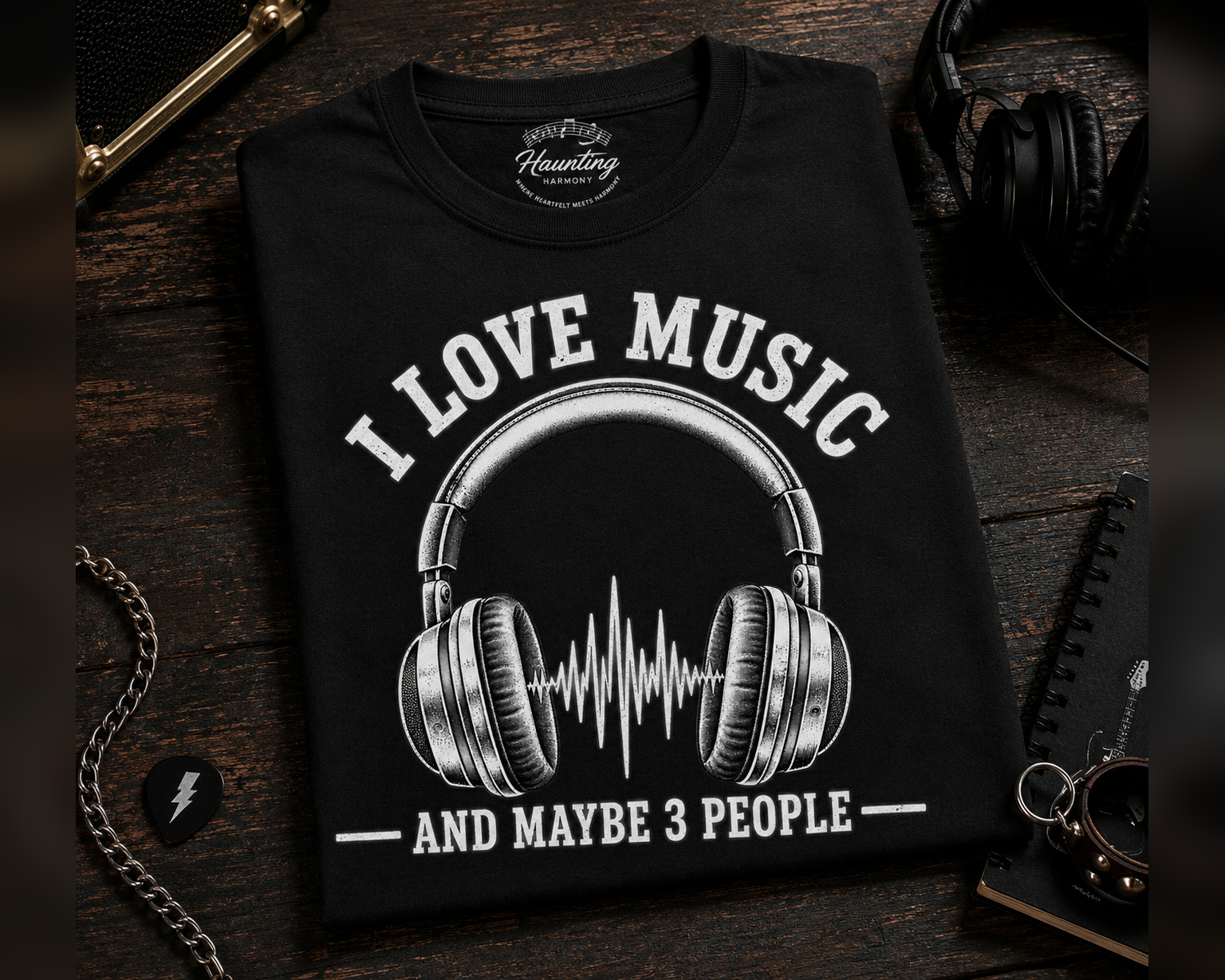 I Love Music and Maybe 3 People Retro Headphones (B&W) T-Shirt