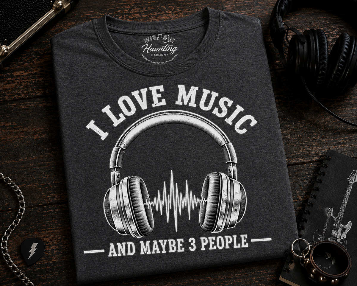 I Love Music and Maybe 3 People Retro Headphones (B&W) T-Shirt