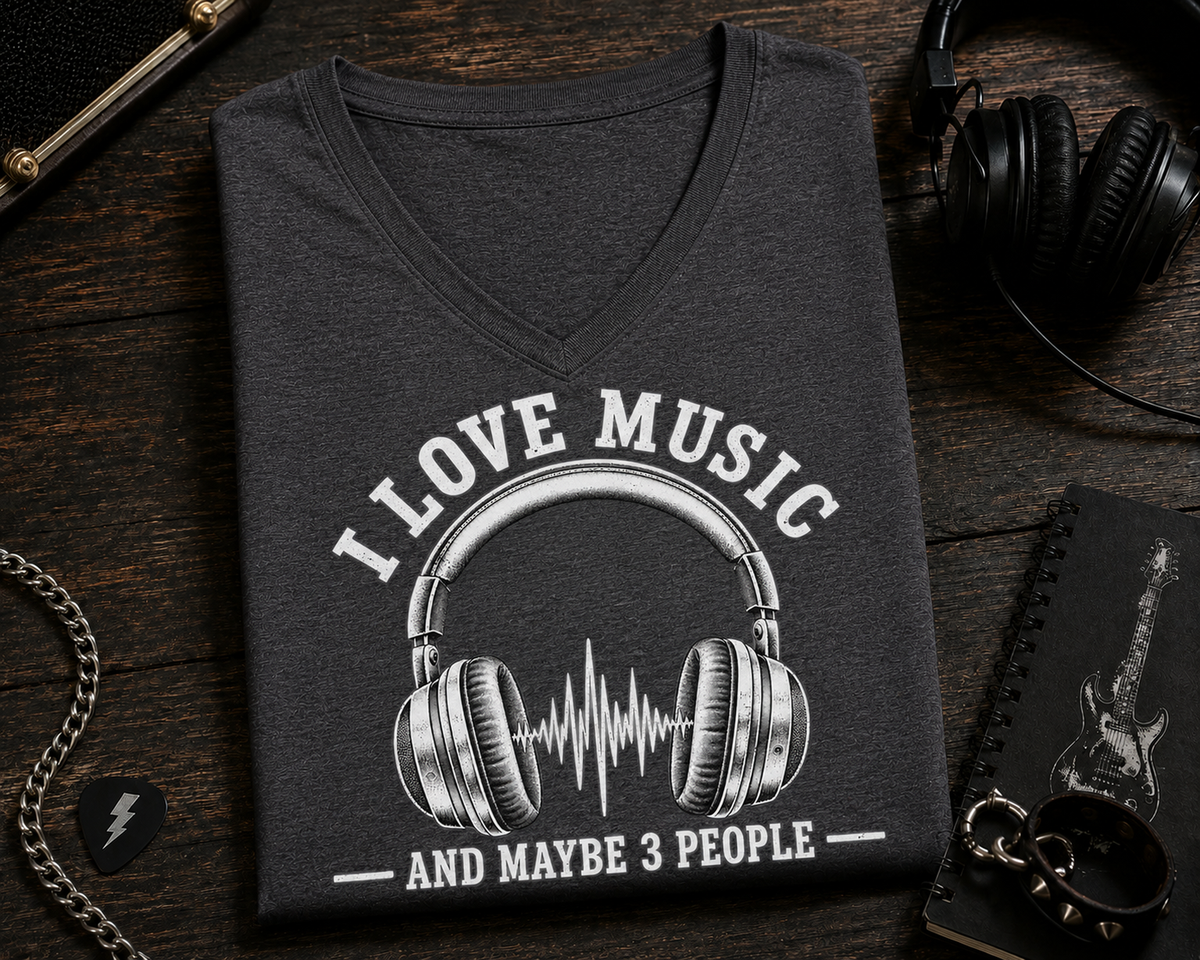 I Love Music and Maybe 3 People Retro Headphones (B&W) V-Neck T-Shirt