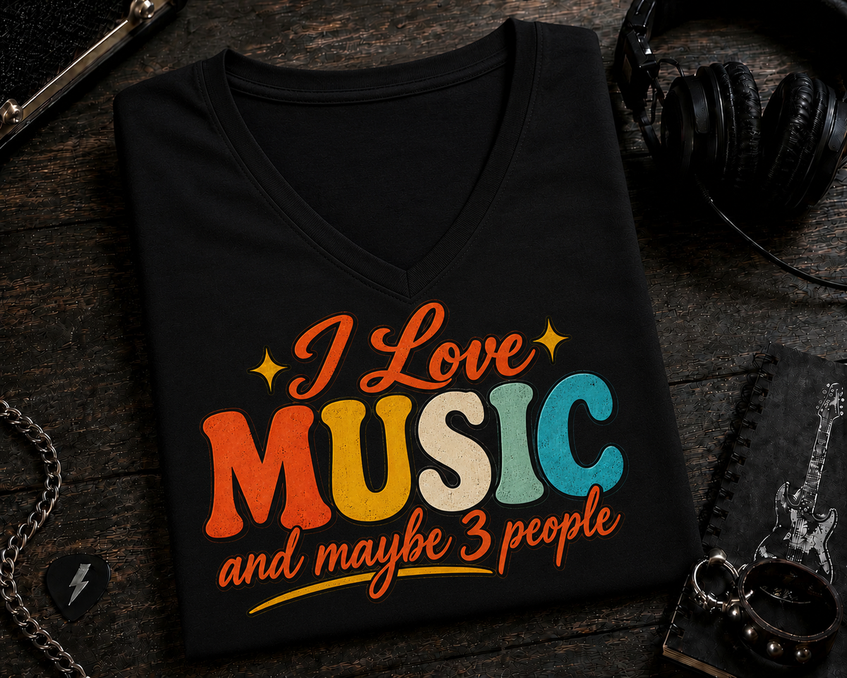 I Love Music and Maybe 3 People Colorful Retro-Inspired Design V-Neck T-Shirt