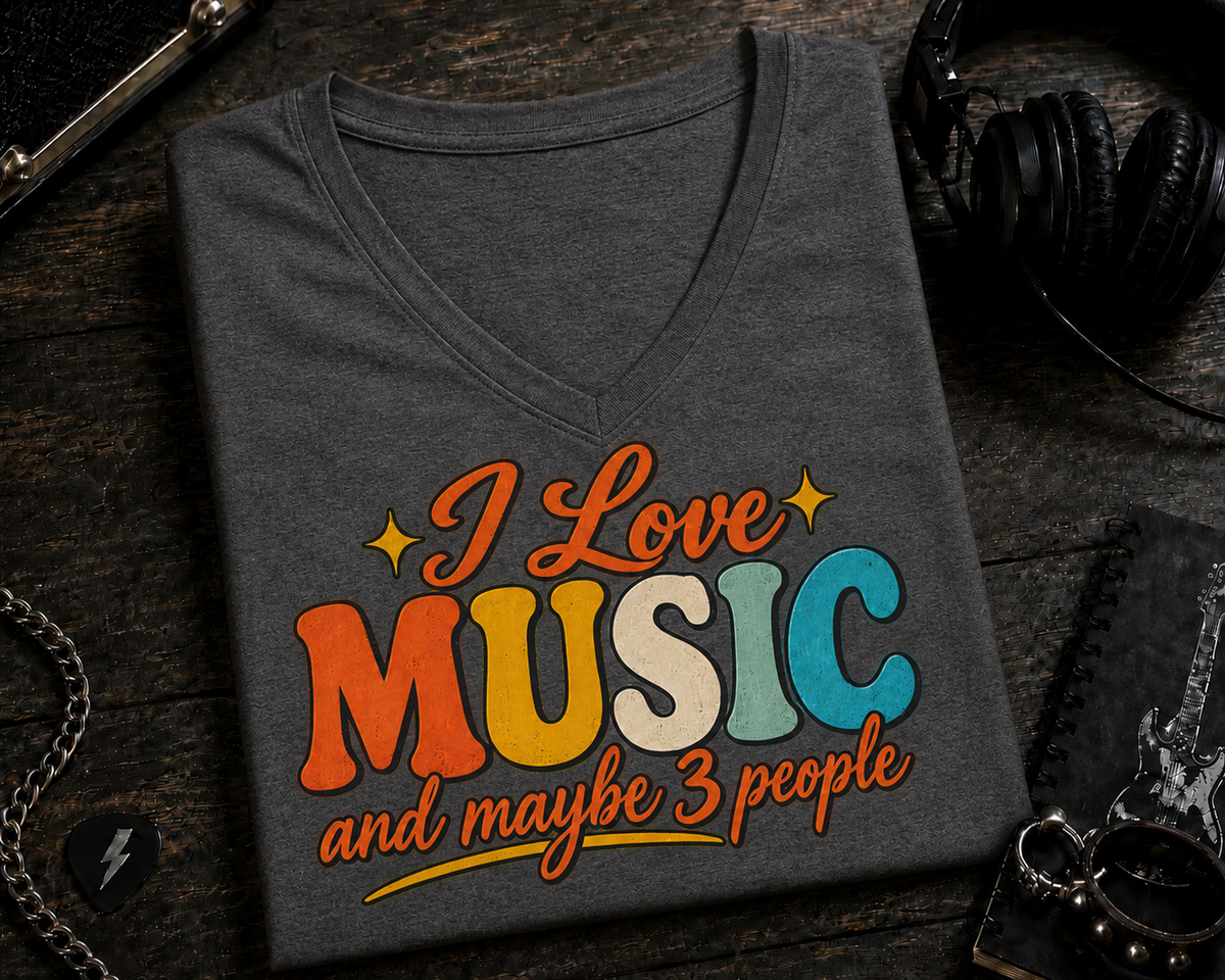 I Love Music and Maybe 3 People Colorful Retro-Inspired Design V-Neck T-Shirt