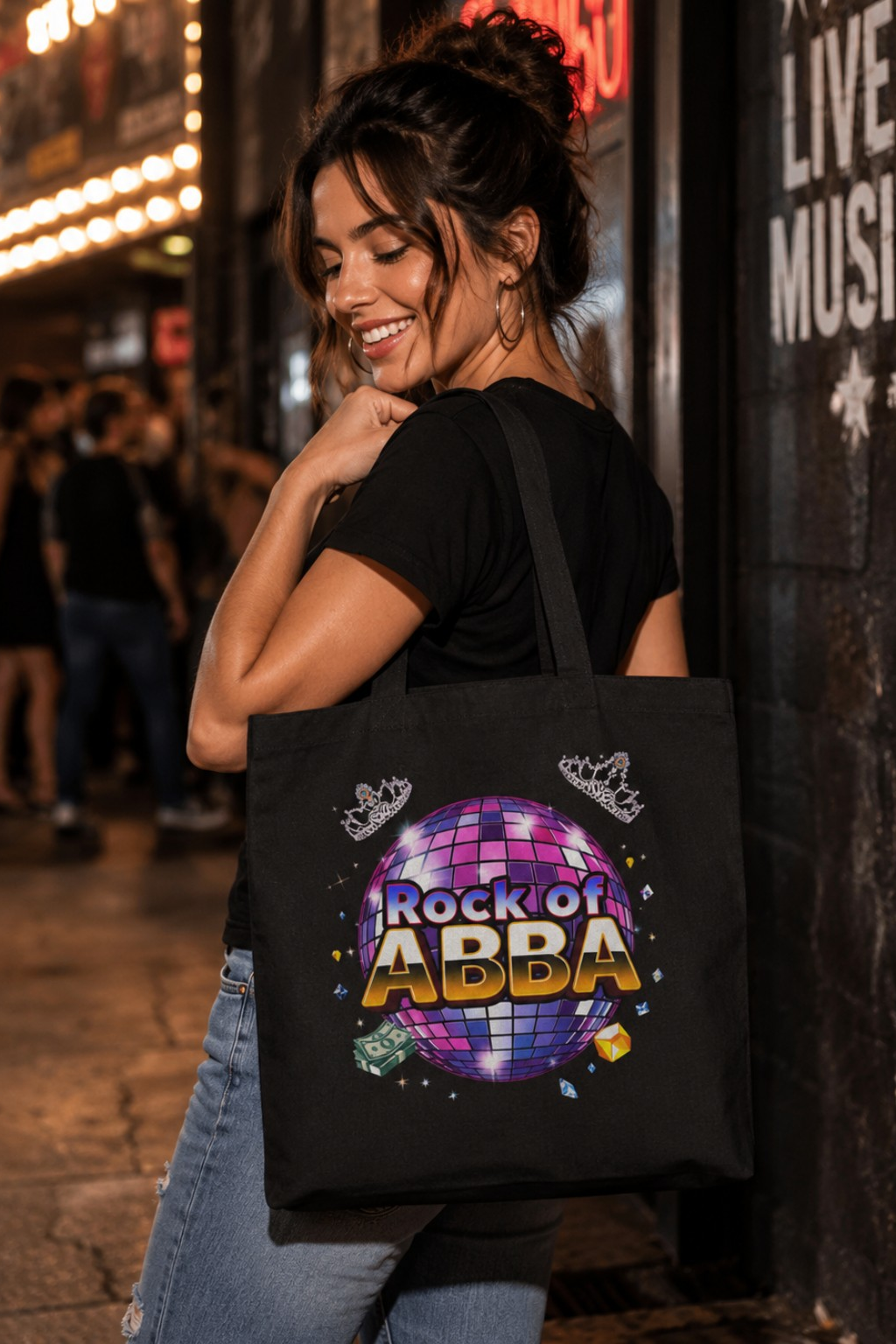 Rock of ABBA Black Tote Bag | ABBA Tribute Band Merch | Disco Rock Concert Tote