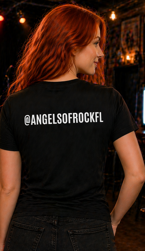 Angels of Rock Ladies' V-Neck Tee — Flaming Winged Guitar Band Shirt