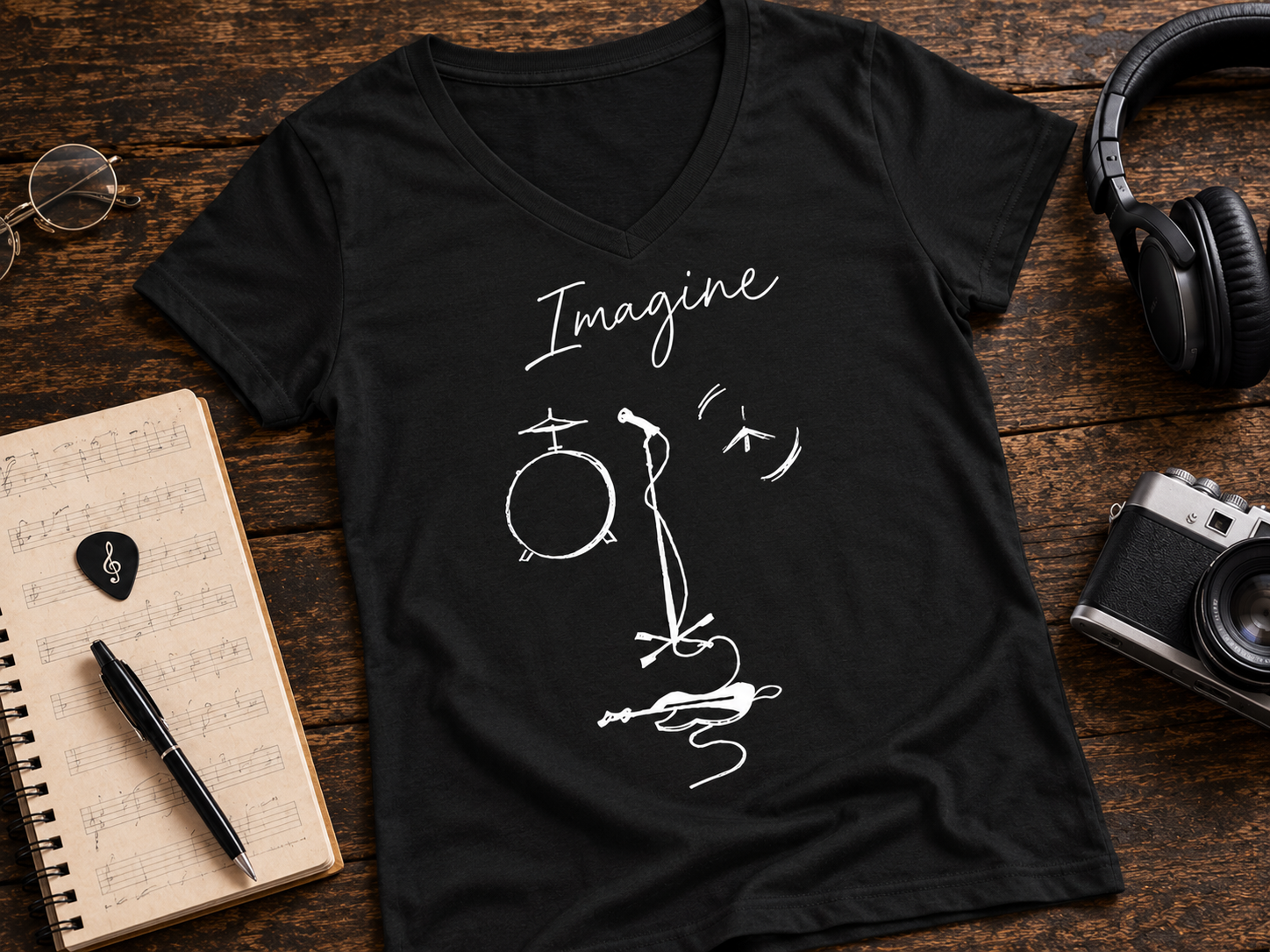 Imagine Music Sketch Garment-Dyed V-Neck T-Shirt | Fab-More