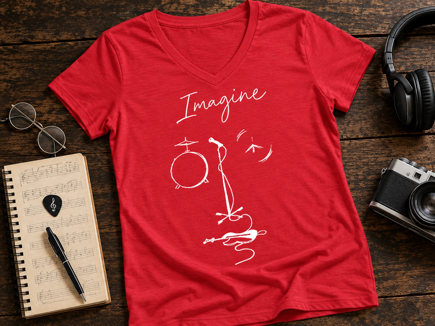 Imagine Music Sketch Garment-Dyed V-Neck T-Shirt | Fab-More