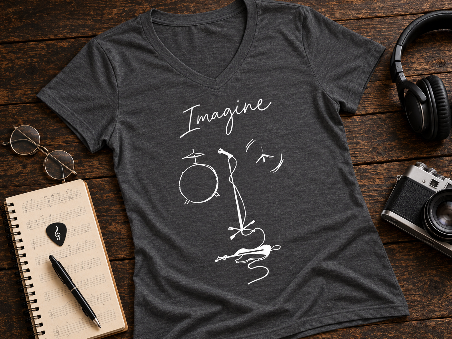 Imagine Music Sketch Garment-Dyed V-Neck T-Shirt | Fab-More