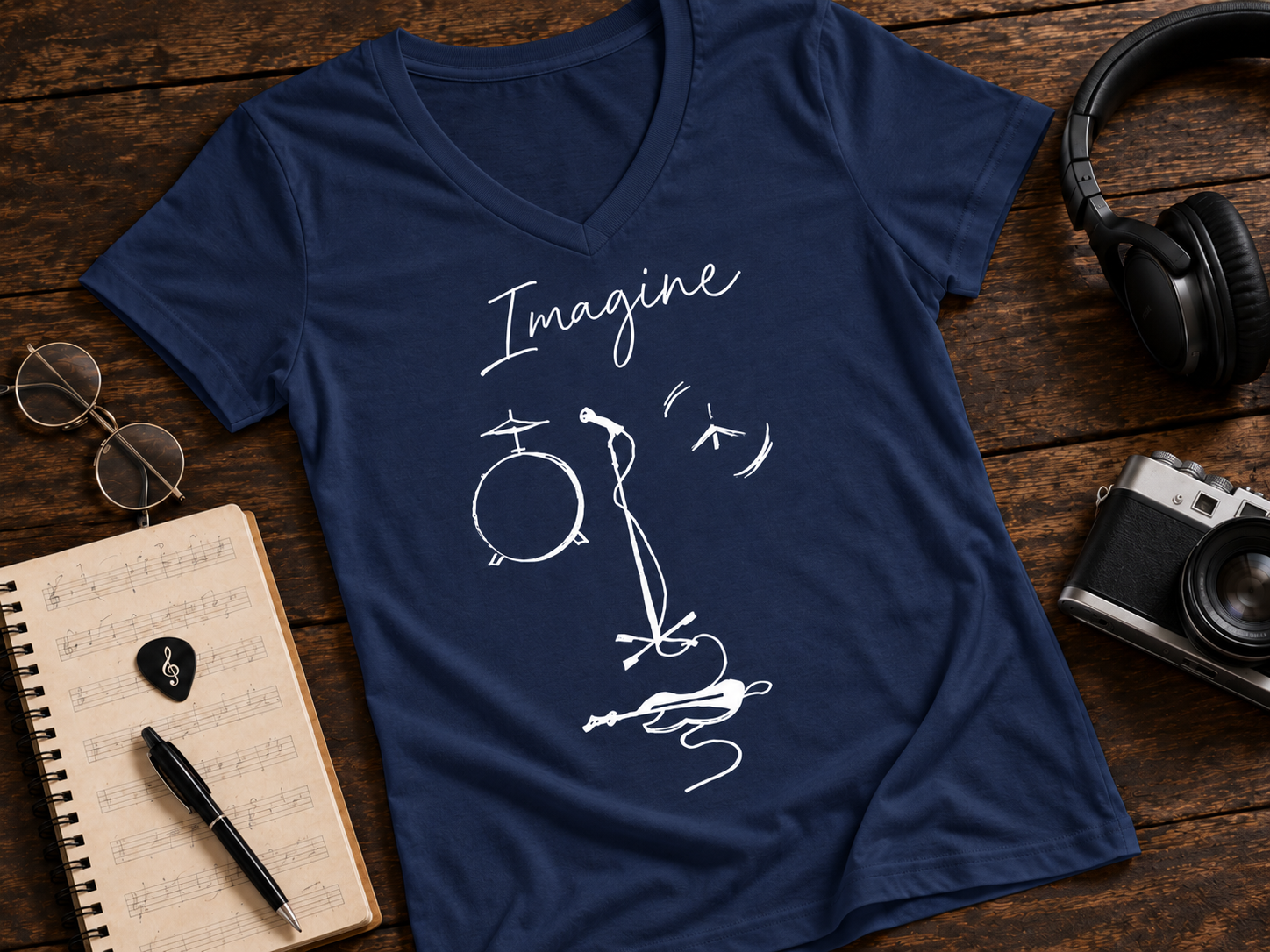 Imagine Music Sketch Garment-Dyed V-Neck T-Shirt | Fab-More