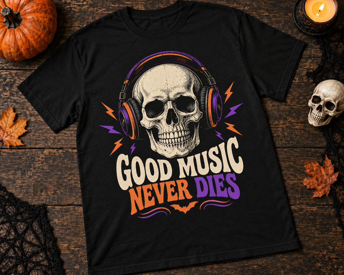 Good Music Never Dies Skull Headphones Halloween T-Shirt