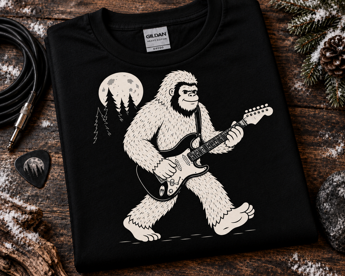 Monster Guitars - Yeti Guitarist T-Shirt | Cryptid Music Tee | Halloween