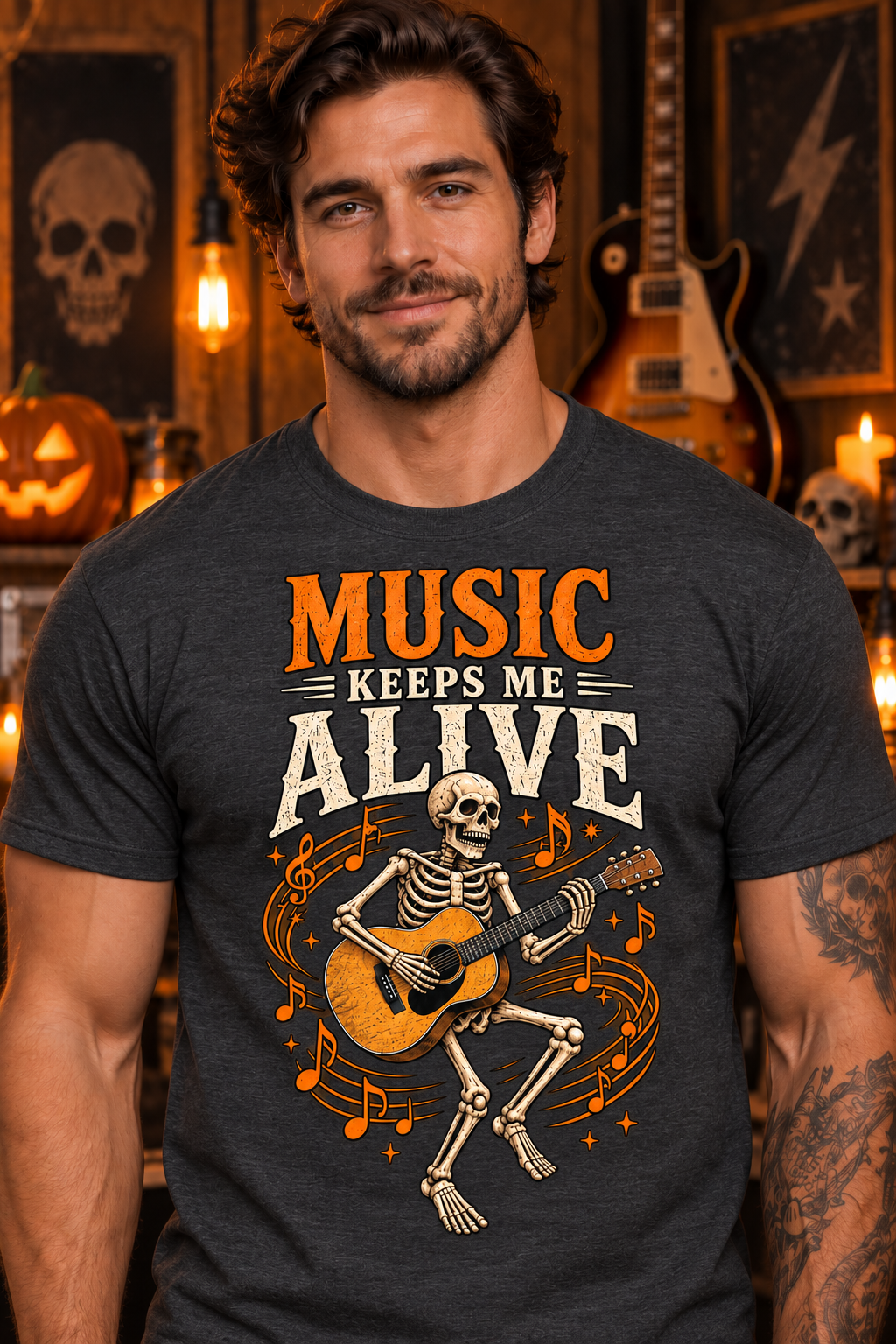 Music Keeps Me Alive Skeleton Guitar T-Shirt | Halloween