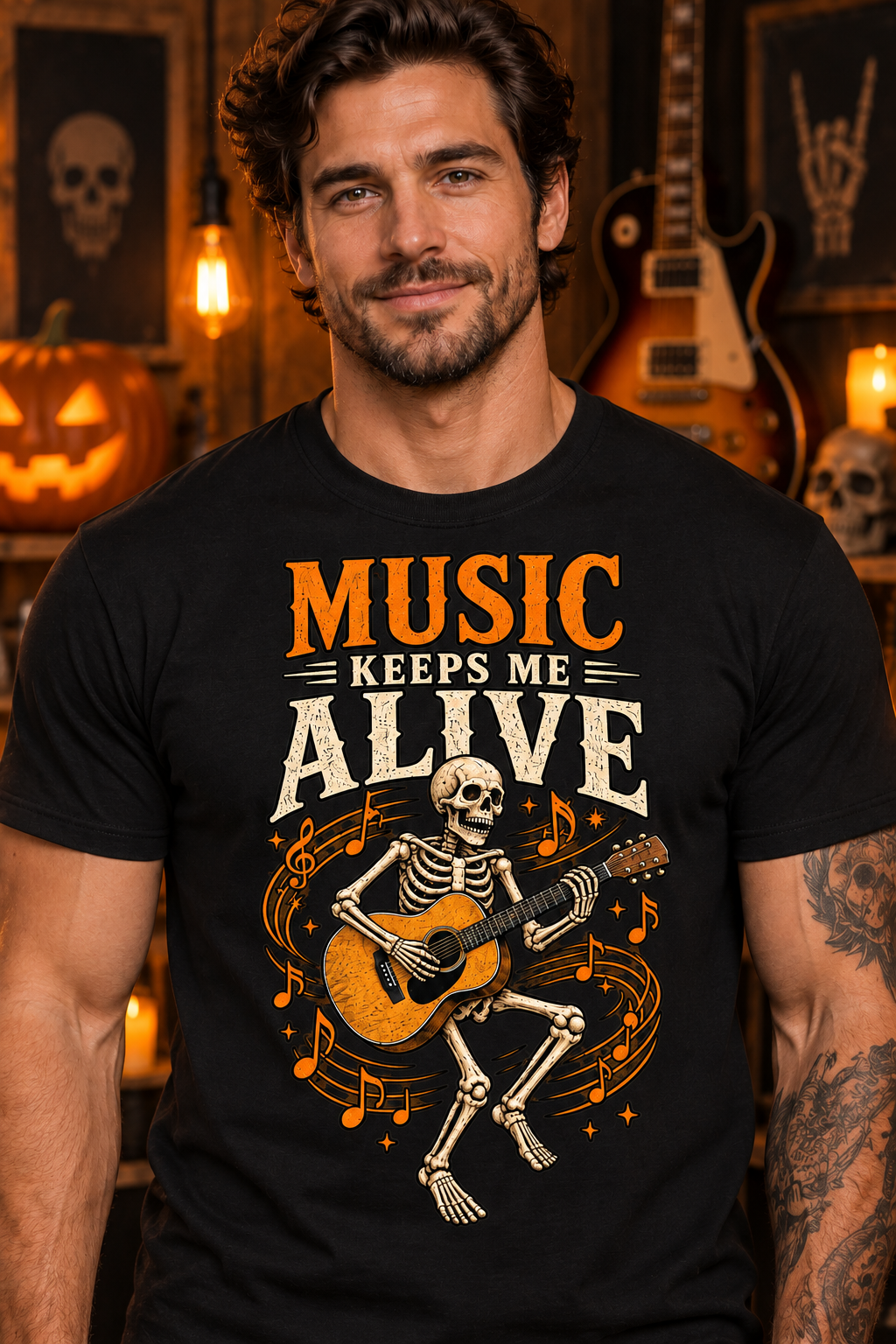 Music Keeps Me Alive Skeleton Guitar T-Shirt | Halloween