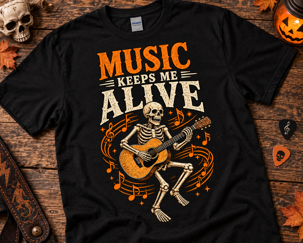 Music Keeps Me Alive Skeleton Guitar T-Shirt | Halloween