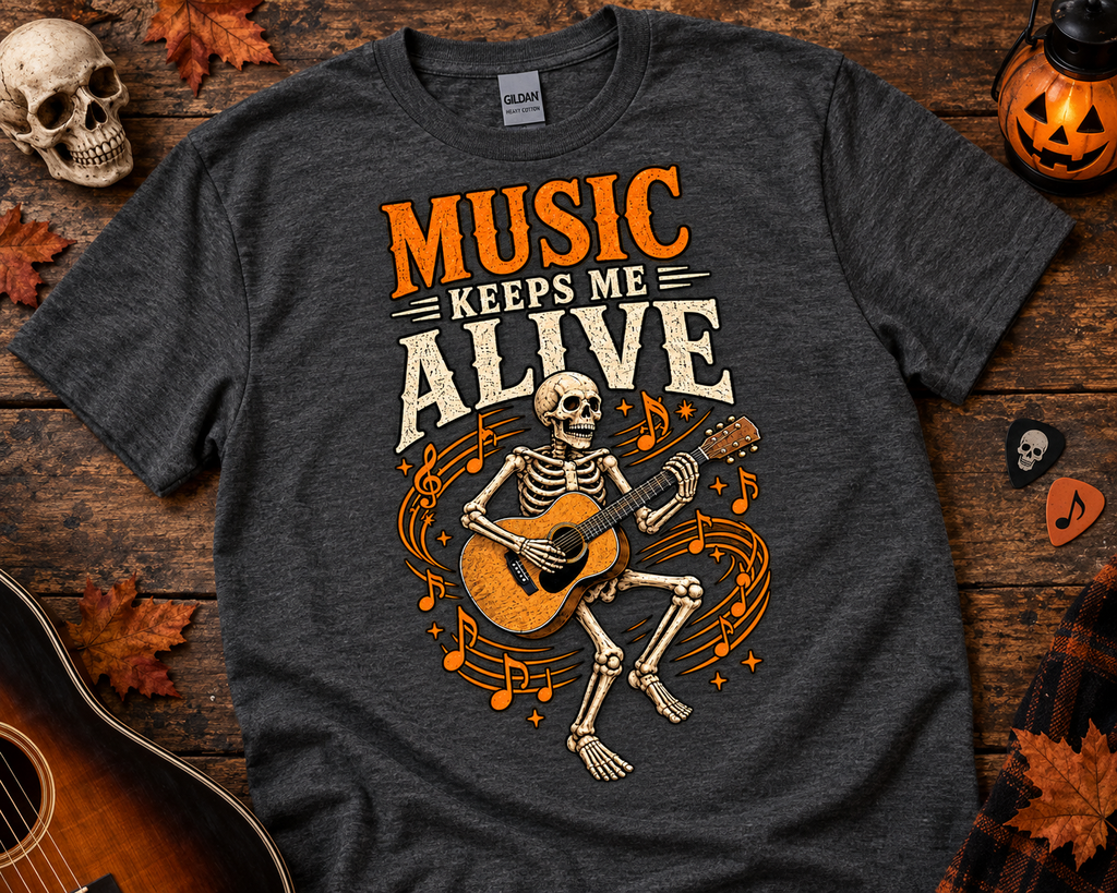 Music Keeps Me Alive Skeleton Guitar T-Shirt | Halloween