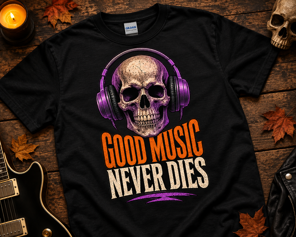 Good Music Never Dies Skull Headphones T-Shirt | Halloween