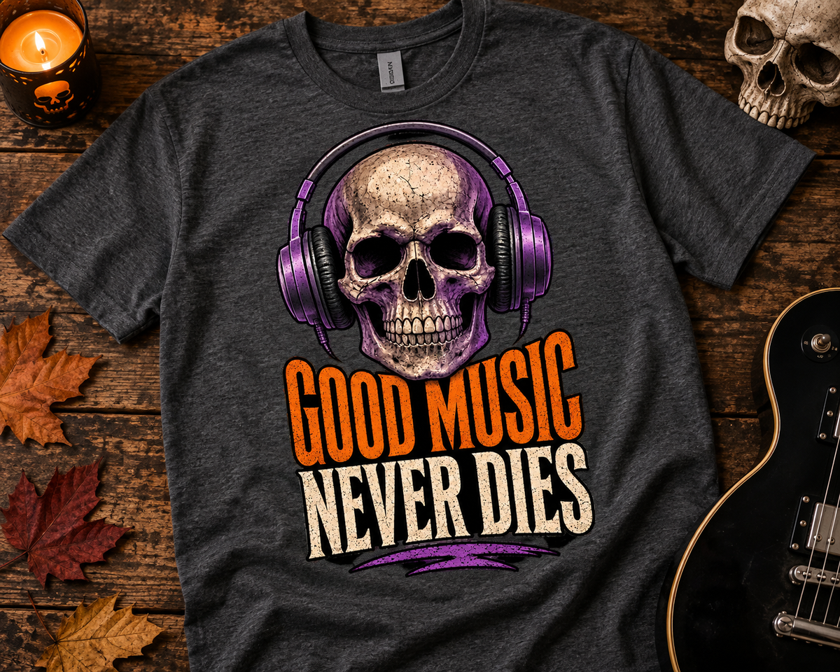 Good Music Never Dies Skull Headphones T-Shirt | Halloween