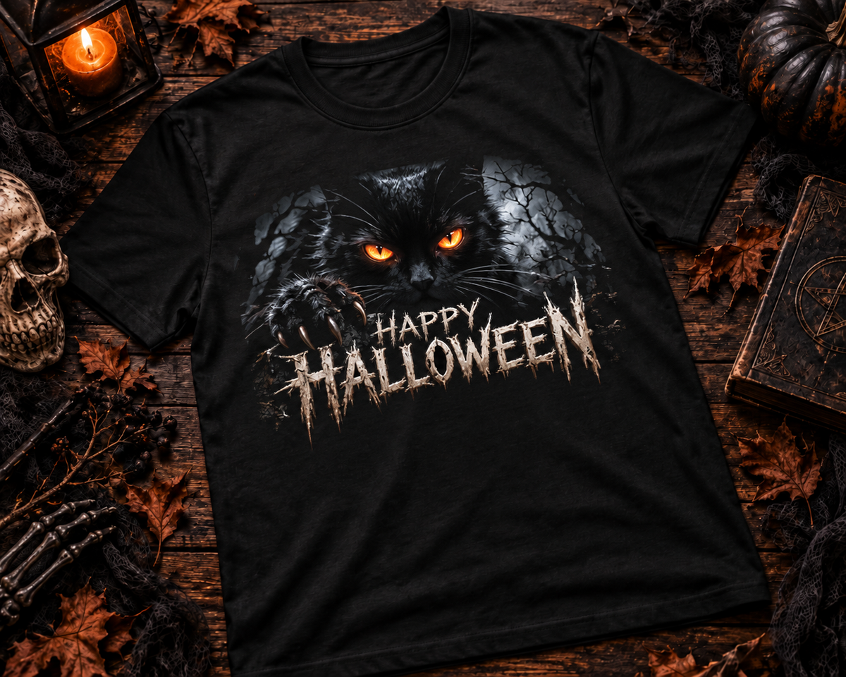 Black Cat Happy Halloween T-Shirt | Creepy Halloween