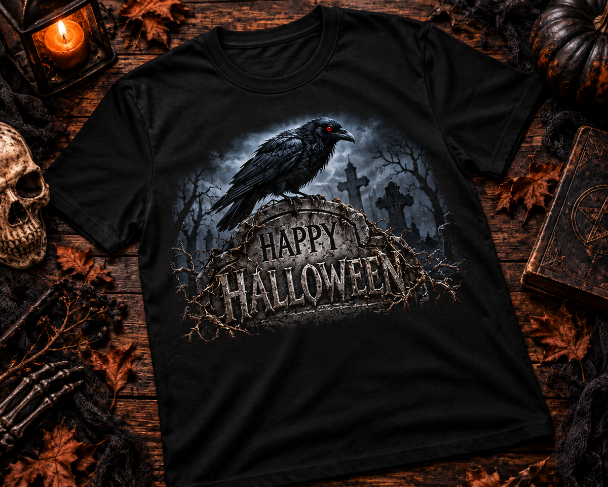 Happy Halloween Raven Graveyard T-Shirt Creepy Halloween