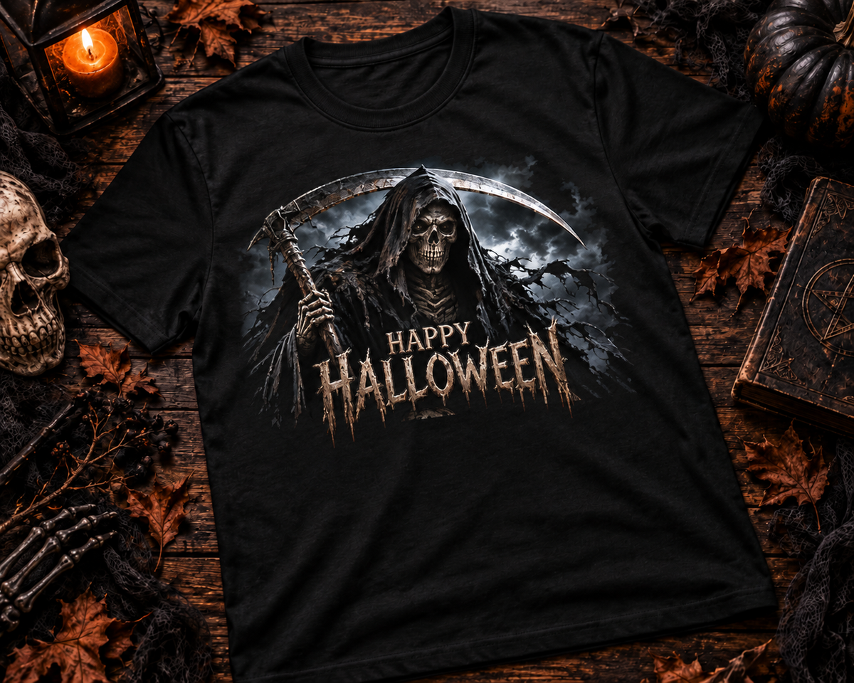 Happy Halloween Grim Reaper Scythe T-Shirt Creepy Halloween