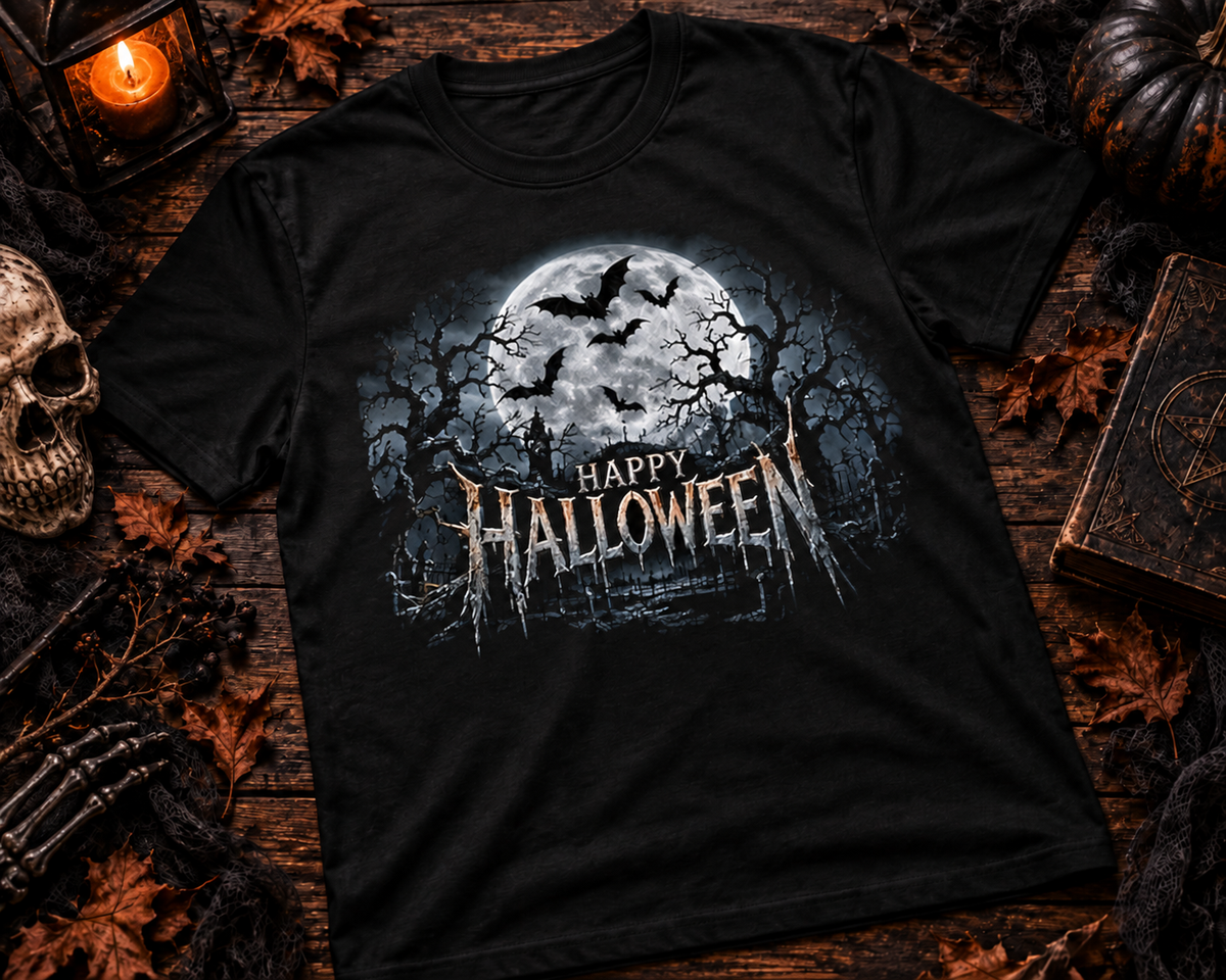 Happy Halloween Graveyard Bats Moon T-Shirt Creepy Halloween