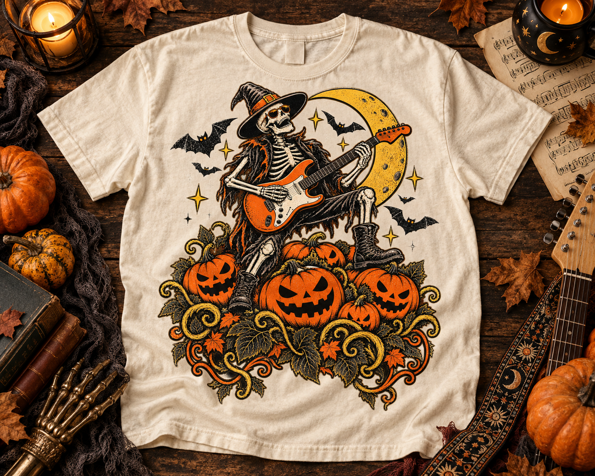 Skeleton Guitarist Music Garment-Dyed T-Shirt | Vintage Halloween