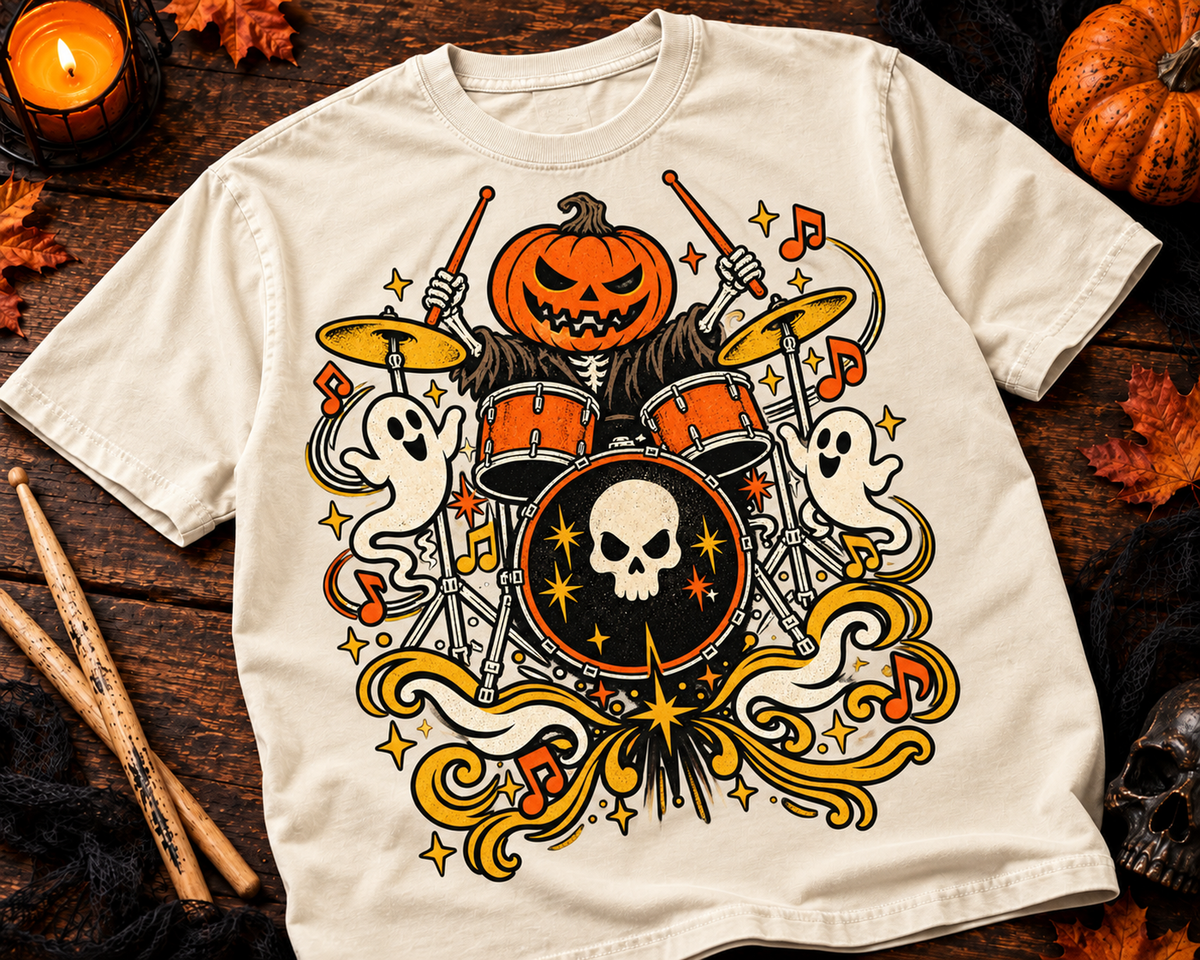 Pumpkin Drummer Music Garment-Dyed T-Shirt | Vintage Halloween