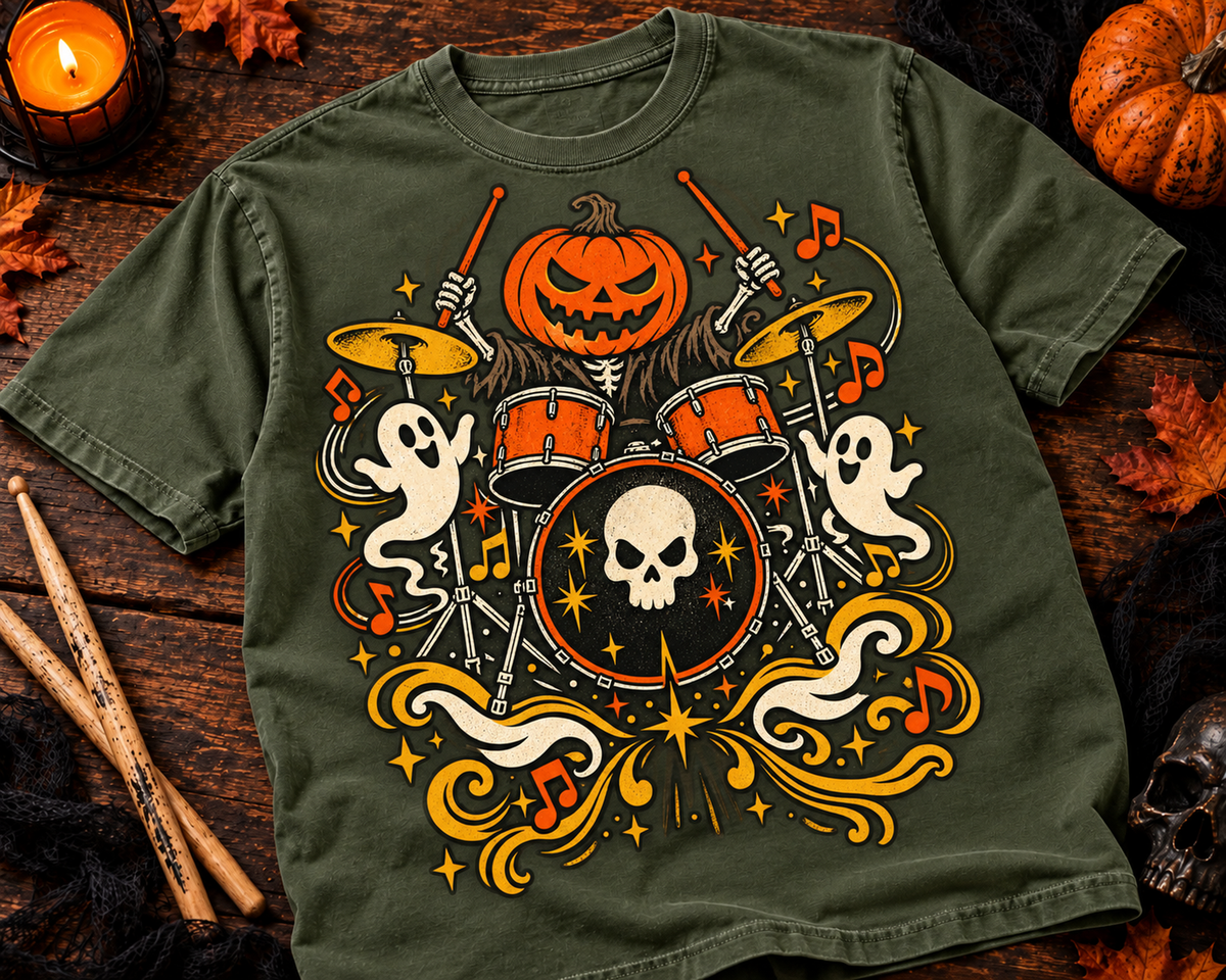 Pumpkin Drummer Music Garment-Dyed T-Shirt | Vintage Halloween