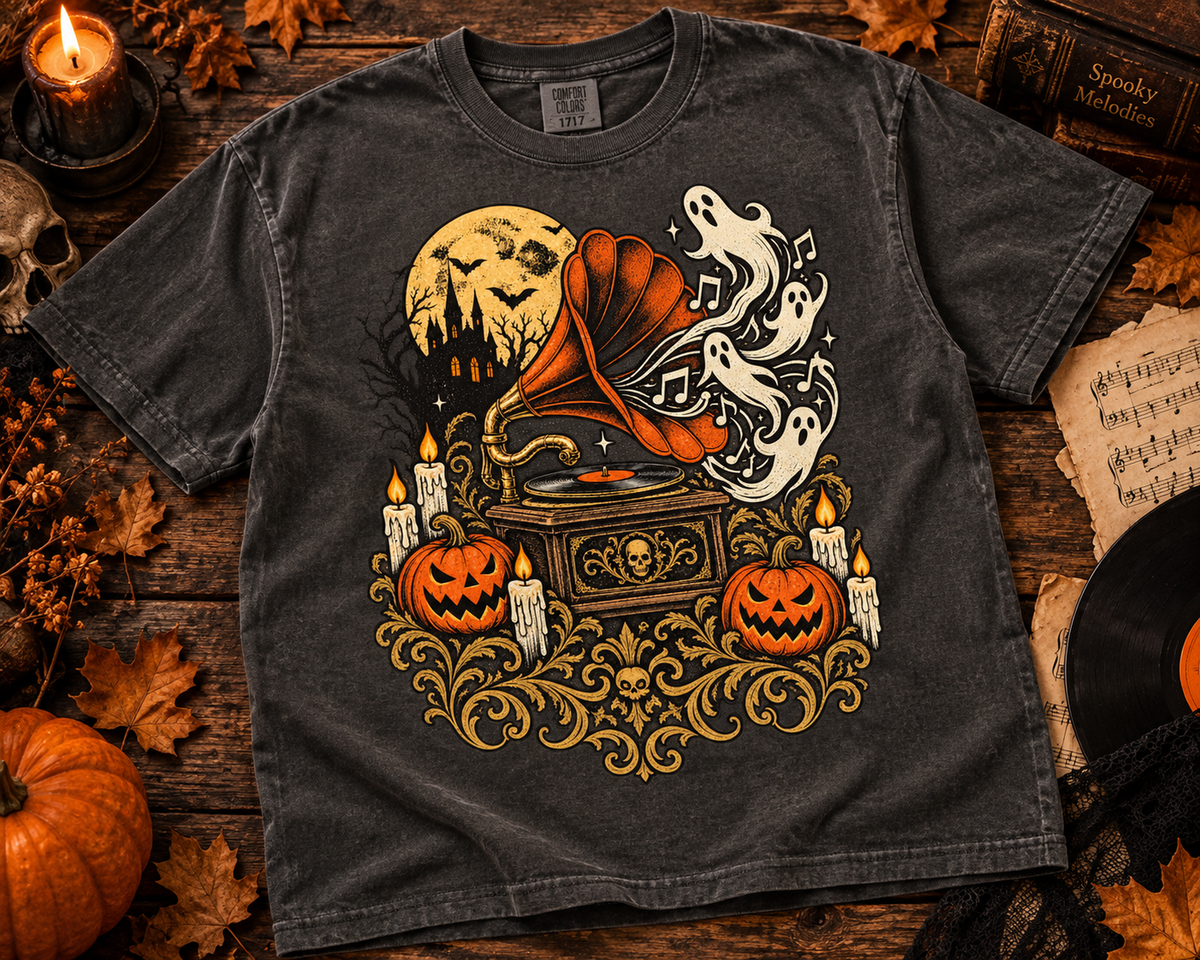 Haunted Gramophone Music Garment-Dyed T-Shirt | Vintage Halloween