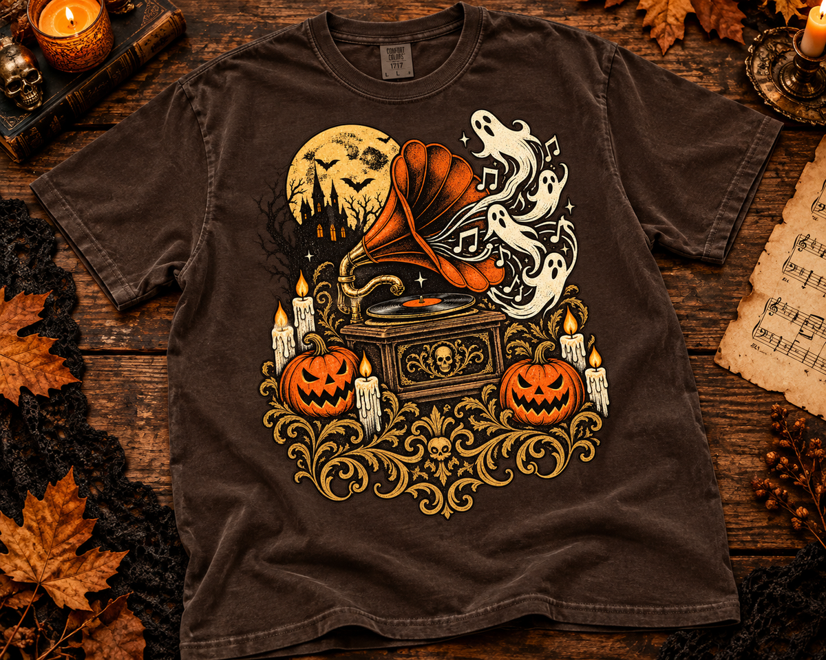Haunted Gramophone Music Garment-Dyed T-Shirt | Vintage Halloween
