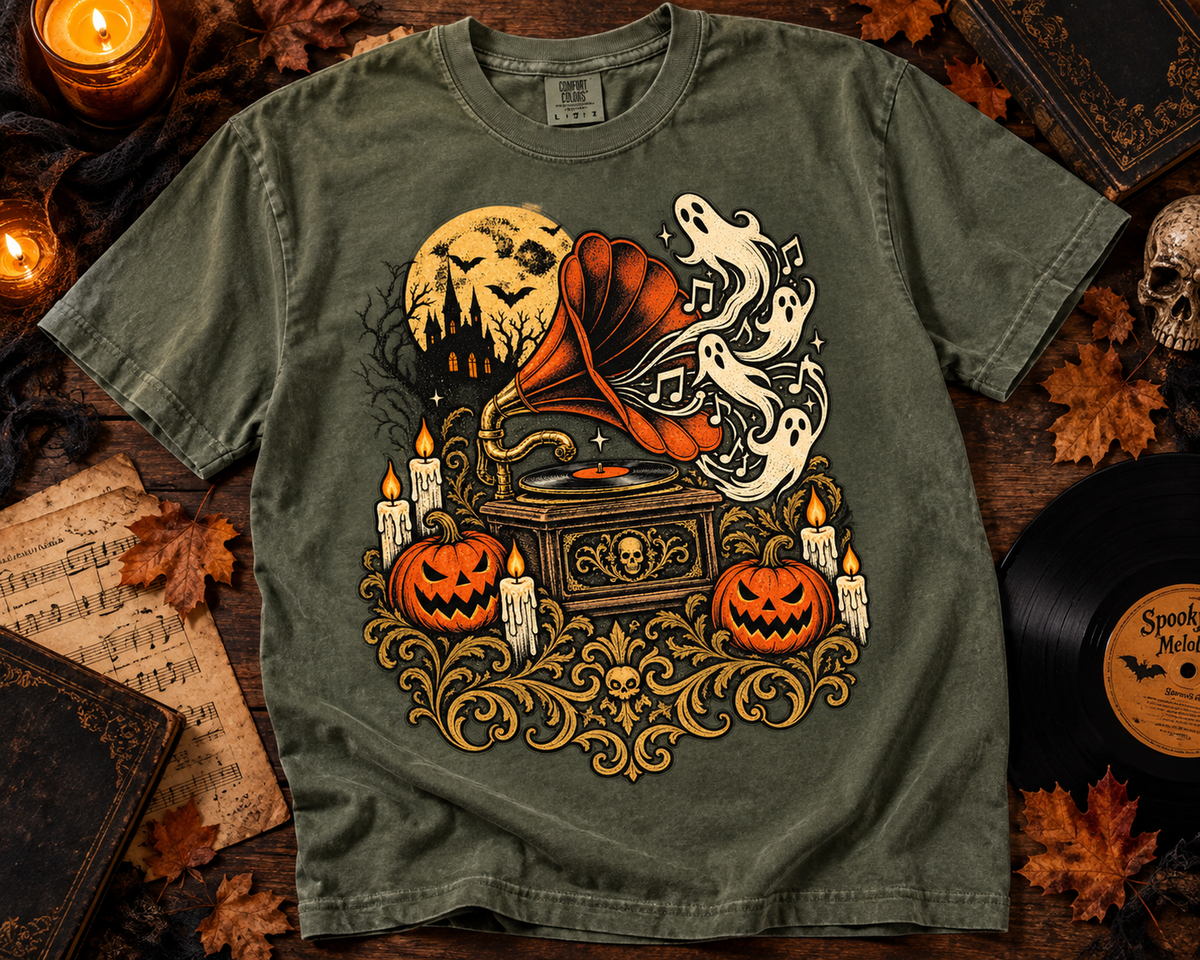 Haunted Gramophone Music Garment-Dyed T-Shirt | Vintage Halloween