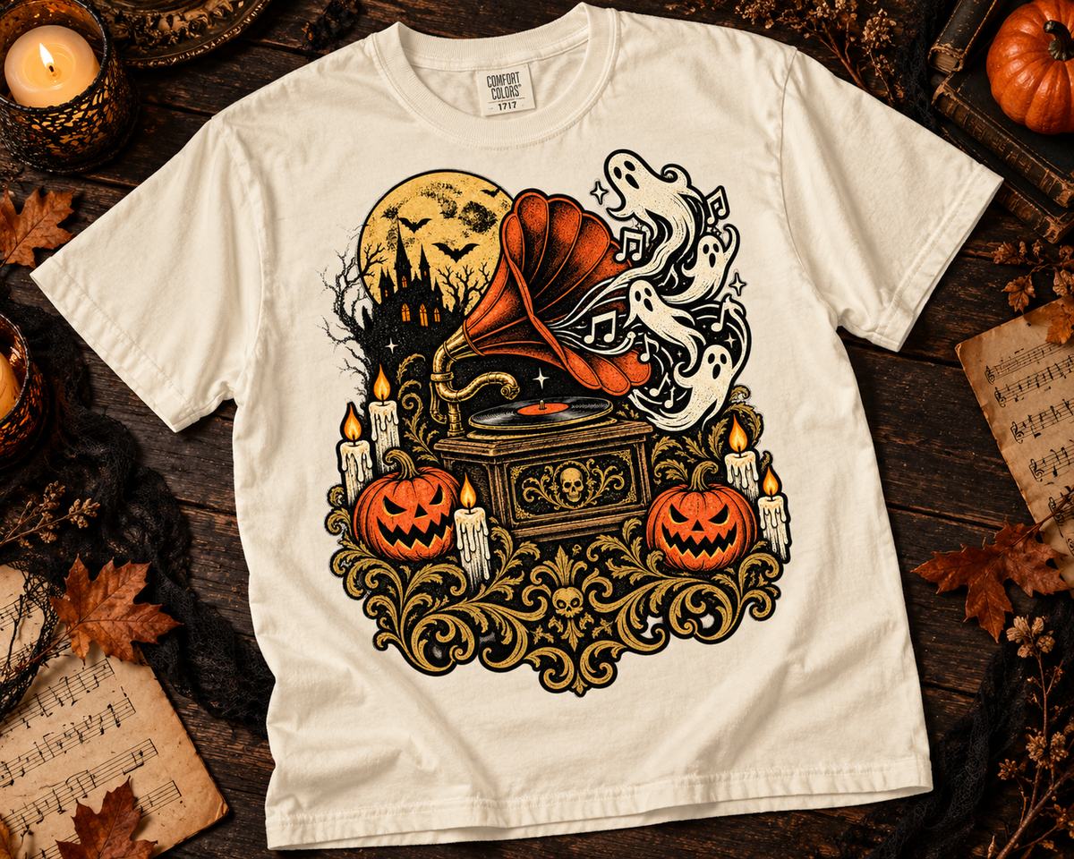 Haunted Gramophone Music Garment-Dyed T-Shirt | Vintage Halloween