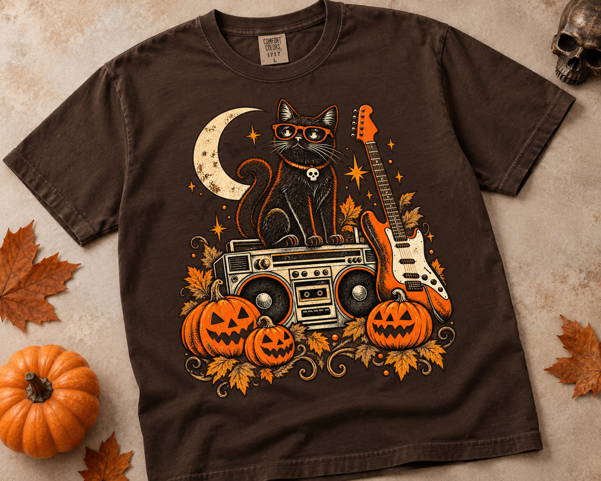 Halloween Rock Cat Music Vintage Garment-Dyed T-Shirt