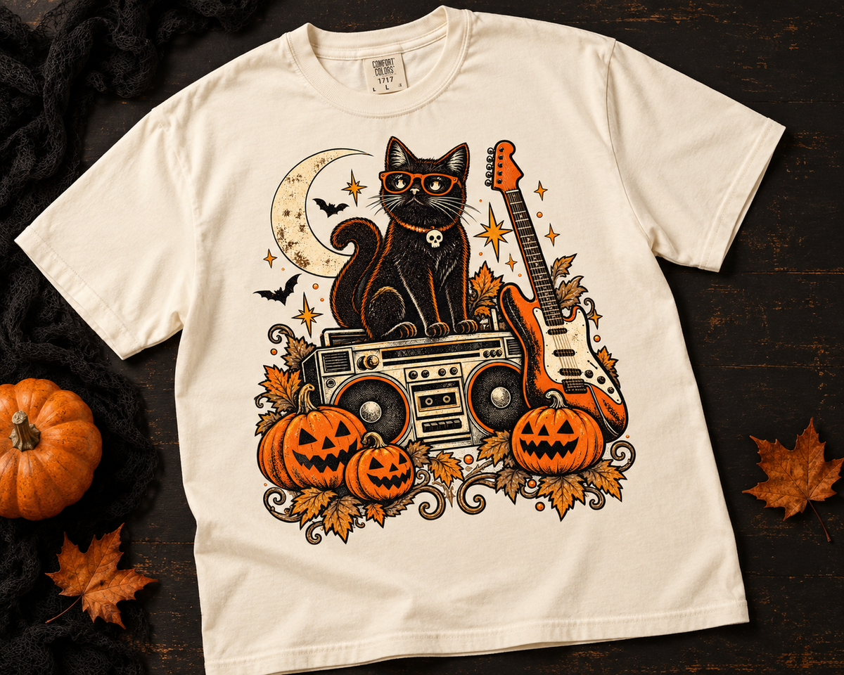 Halloween Rock Cat Music Vintage Garment-Dyed T-Shirt