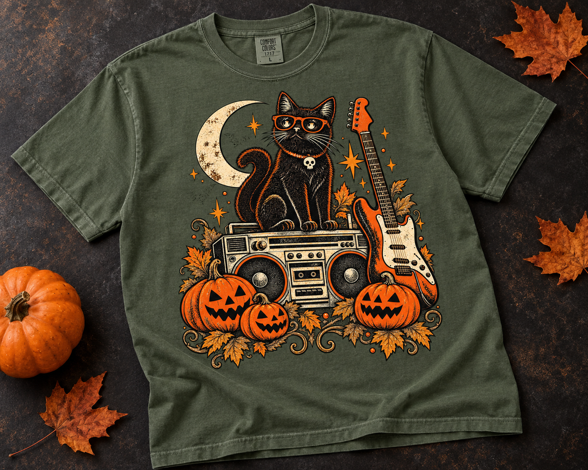Halloween Rock Cat Music Vintage Garment-Dyed T-Shirt