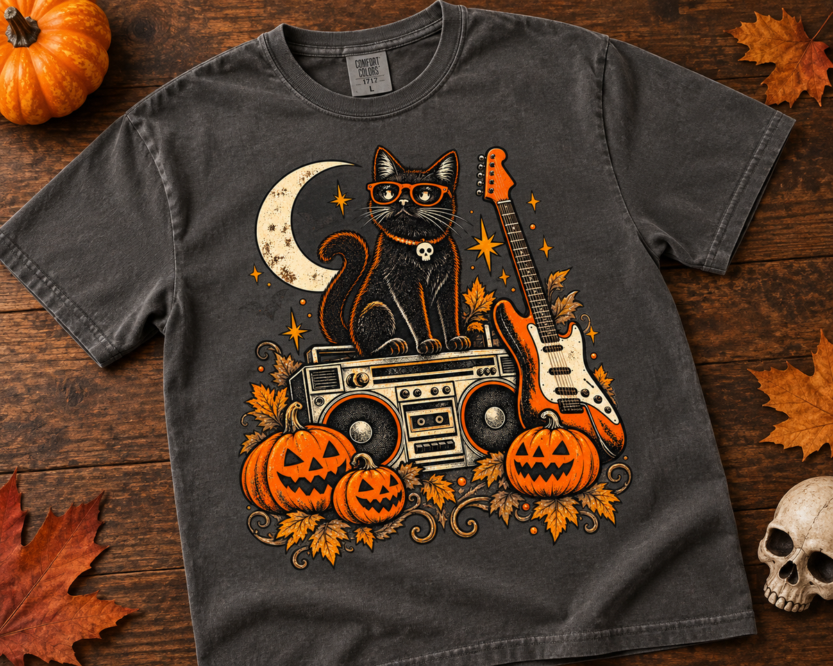 Halloween Rock Cat Music Vintage Garment-Dyed T-Shirt