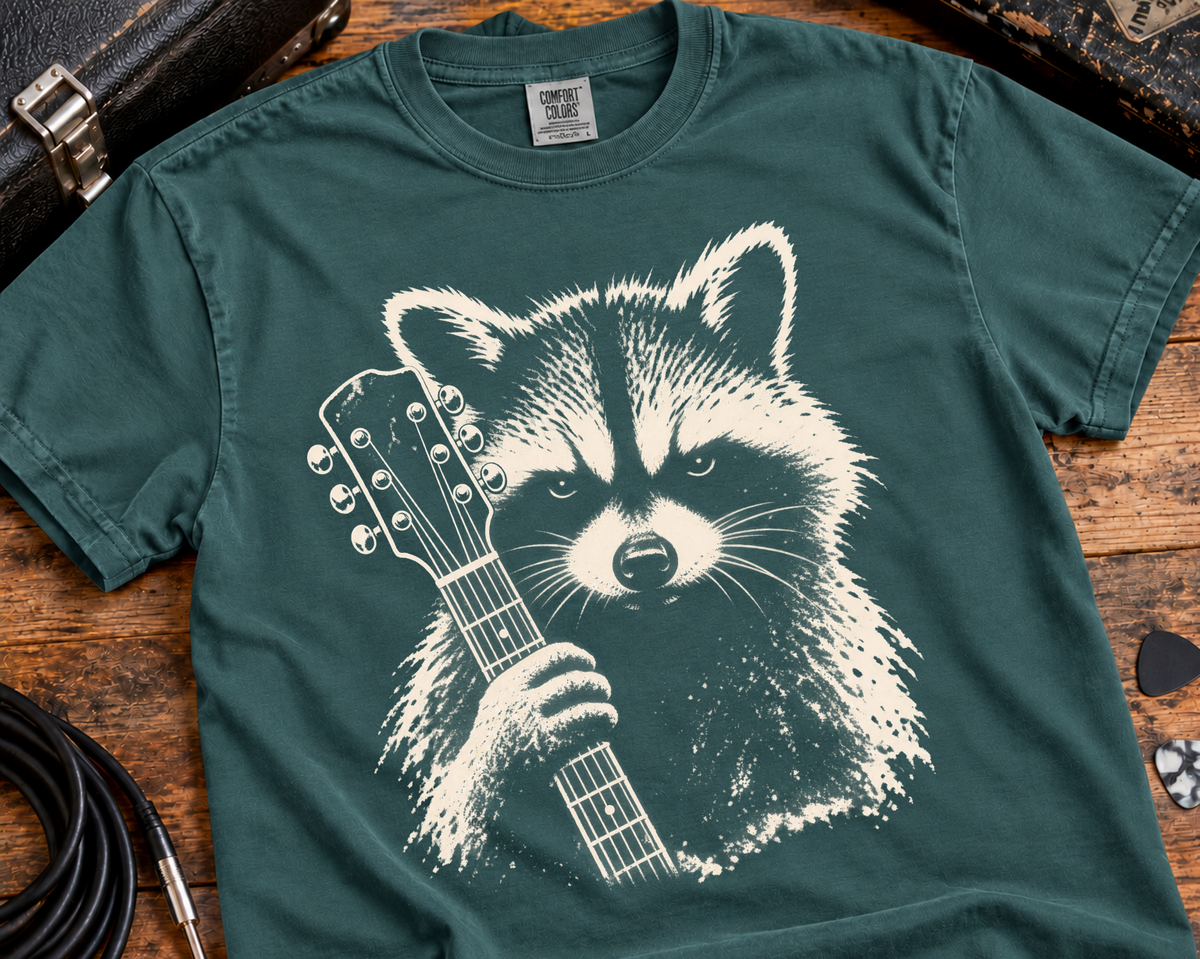 Rock Raccoon Guitar T-Shirt, Vintage Distressed Music Tee, Retro Guitarist Shirt, Comfort Colors 1717, Rock Music Lover Gift Garment-Dyed
